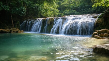 Fototapeta premium Waterfall cascading into tranquil pool surrounded by lush greenery in a serene natural setting