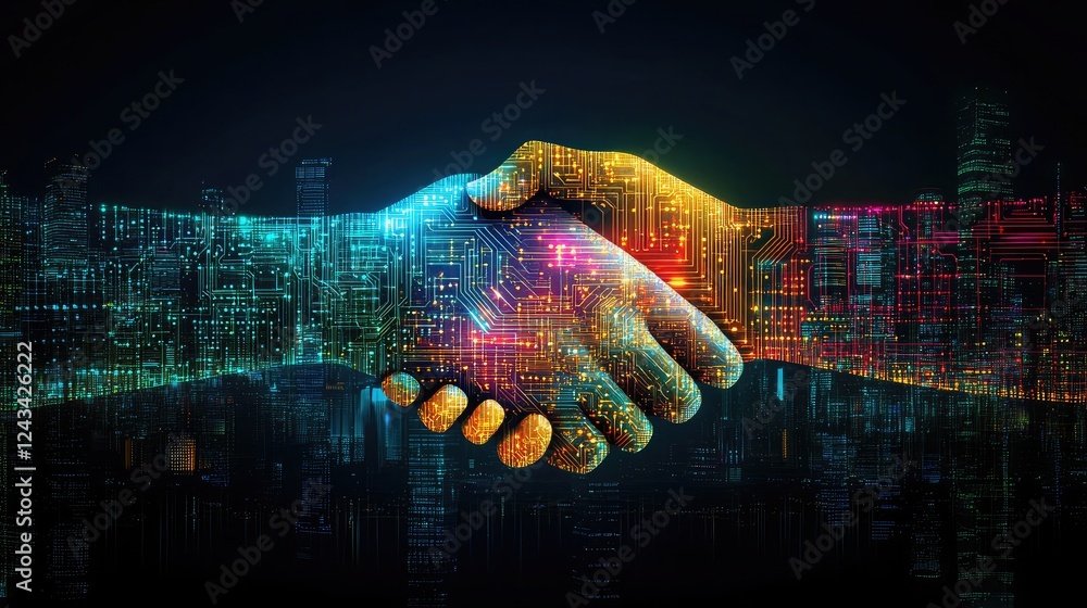 Poster a digital handshake represented by glowing circuit patterns over a vibrant city background