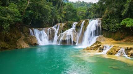 Fototapeta premium Waterfall cascading into turquoise waters surrounded by lush greenery in a tropical setting