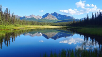 Fototapeta premium Mountain range reflects perfectly in calm waters of serene lake during bright sunny day