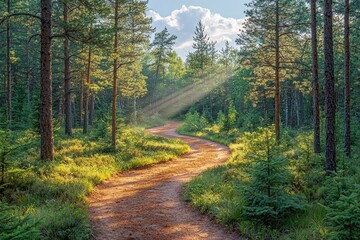 Naklejka premium Sunlit path winds through a lush pine forest