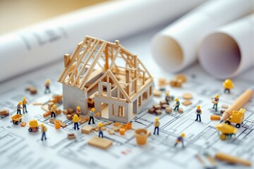 Tiny construction workers assembling a house model on architectural blueprints with rolled-up plans in the background, symbolizing creative planning and construction concept. Ai generative
