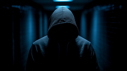  Hooded shadowy figure lurking in dark corridor under eerie blue light for crime thriller covers, suspense movie posters, or cybersecurity threat concepts