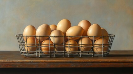 Still life painting of a wire basket filled with brown eggs on a wooden surface.