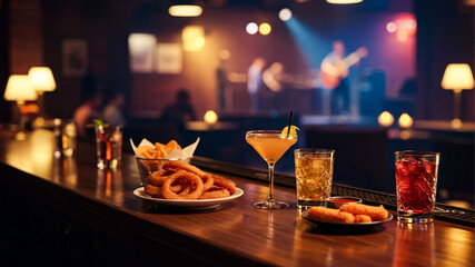 Bar Counter with Cocktails and Appetizers at Live Music Venue