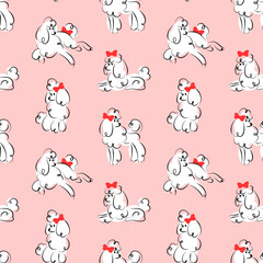 Cute white poodle print for girls clothes. Seamless pattern. Background design.