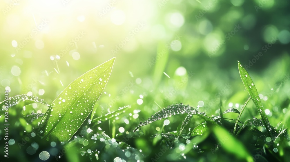 Poster a close-up view of dewy grass illuminated by soft sunlight, creating a fresh and vibrant atmosphere.