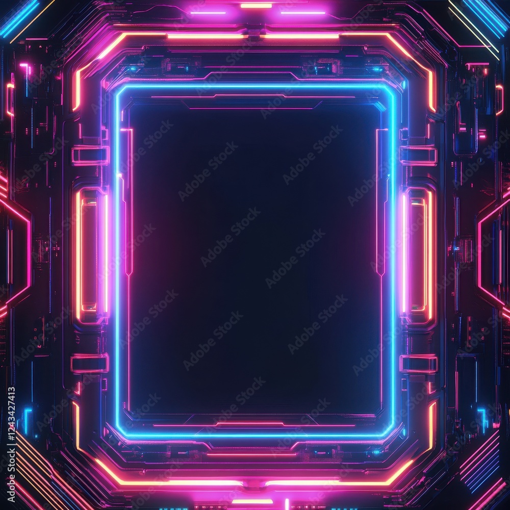 Poster futuristic tech-themed frame featuring vibrant neon lights and intricate circuitry designs