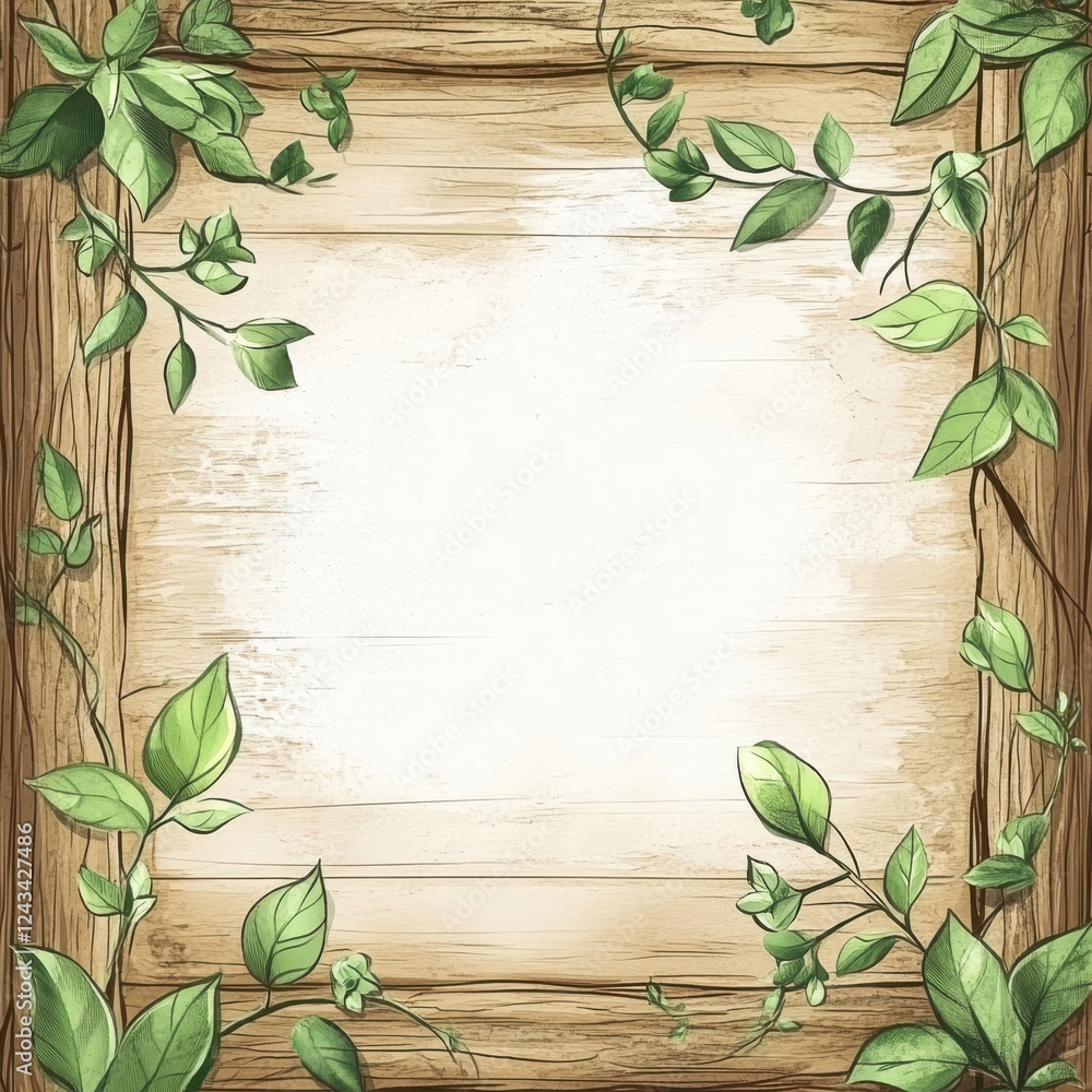 Poster Rustic wood grain background with green vines creating a natural frame for artistic projects