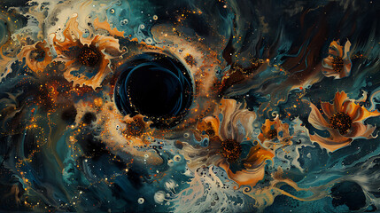 A black hole with tendrils of swirling flower petals orbiting it