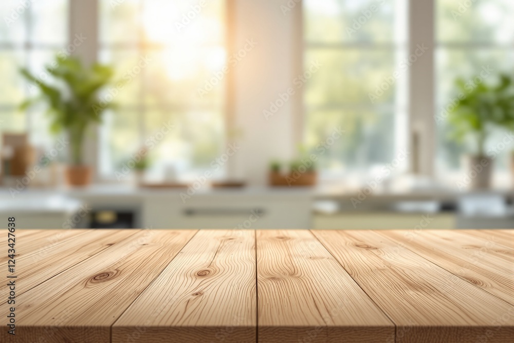 Poster wooden countertop in focus with blurred modern kitchen interior in background. sunlight streams thro