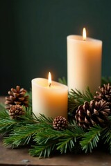 Evergreen branches with pinecones and candles, branches, rustic, light