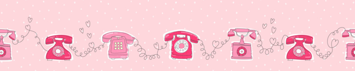 Cute hand drawn vintage telephones and decorations doodles, great for Valentines Day, romance, textiles, banners, wallpapers, background © TALVA