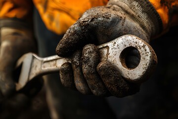 Close up, Close-up of a worker’s hand holding a wrench  with dirt and grease