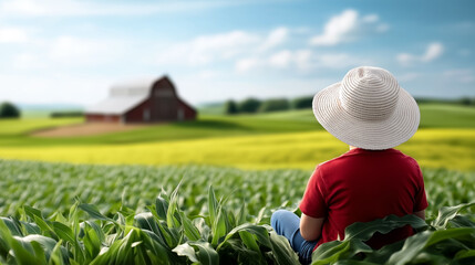 Rural vistas featuring a person in a straw hat overlooking a rustic barn and vibrant fields