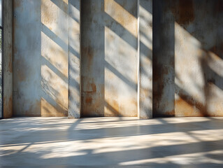 Sunlit industrial interior with textured wall and floor, showcasing dramatic light and shadow play, ideal for product display or design inspiration