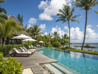 Fototapeta premium A stunning image of a resort pool overlooking a breathtaking ocean view, with palm trees swaying in the breeze