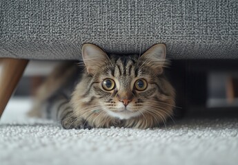 Curious Tabby Cat Peeking From Under Furniture in Cozy Living Room, Captivating Eyes, Domestic Feline, Relaxed Atmosphere with Textured Grey Background
