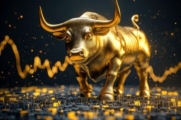 A golden bull statue symbolizes economic strength, surrounded by city skyline and rising stock market graphs in the background.