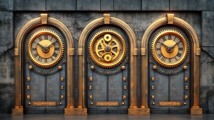 Three Ornate Clocks and Gears on a Stone Wall