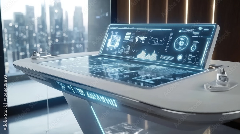 Poster futuristic ai-powered meeting assistant displaying key business insights on a floating digital scree