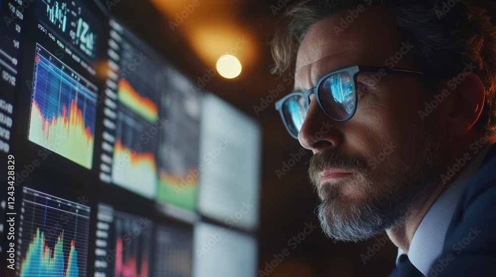 Poster a focused professional analyzes data on a digital screen, showcasing financial graphs and statistica