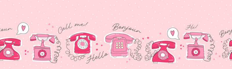 Cute hand drawn vintage telephones and decorations doodles, great for Valentines Day, romance, textiles, banners, wallpapers, background © TALVA