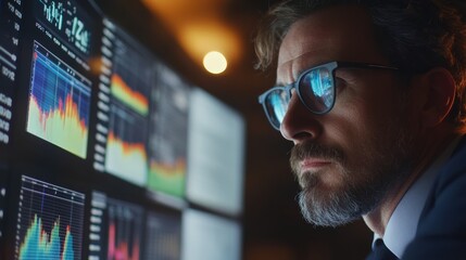 A focused professional analyzes data on a digital screen, showcasing financial graphs and statistical information in a high-tech environment.
