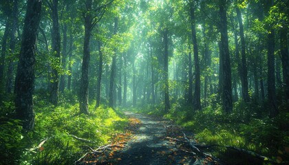 Obraz premium Sunlit Path Through A Lush Green Forest