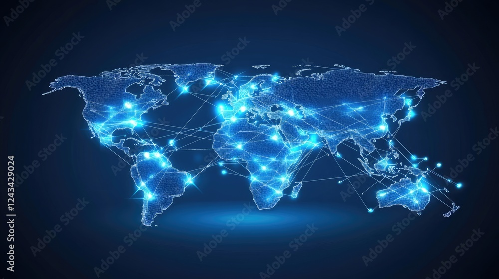 Poster global business network with glowing connection points representing international growth.