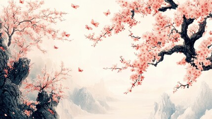 Pastel Pink Cherry Blossoms and Mountain Landscape Painting