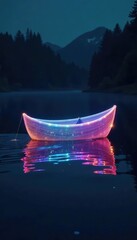 Iridescent holographic boat glides on black lake, bioluminescent effect, shimmering ripples