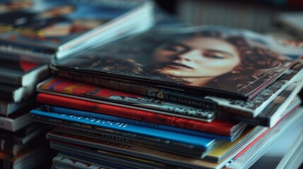 A stack of DVDs with brightly coloured covers, a backdrop for advertising films, cartoons or entertainment related to the film industry.