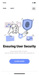 User security concept with woman holding shield fingerprint lock icons documents minimalist doodle style mobile app screen