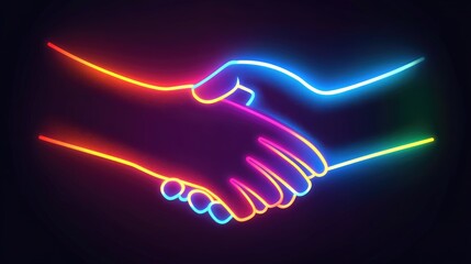 Glowing neon handshake icon representing trust, teamwork, and successful collaboration.