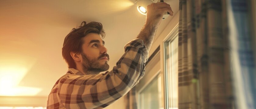 Man changing a light bulb in a chandelier, suitable for repair instructions, articles about home improvement or advertisements for lighting fixtures.