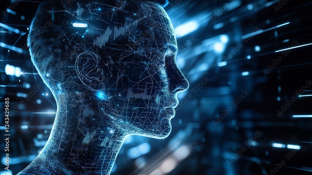 Poster a futuristic digital silhouette represents artificial intelligence, surrounded by flowing data strea