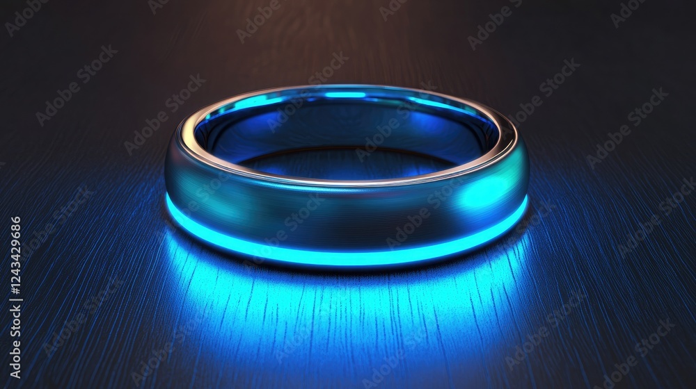 Poster a glowing smart ring resting on a high-tech metallic surface with holographic effects