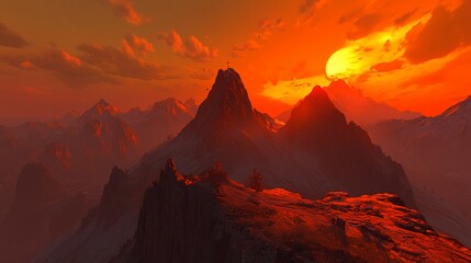 Naklejka premium Fiery Sunset Mountain Peak Panorama