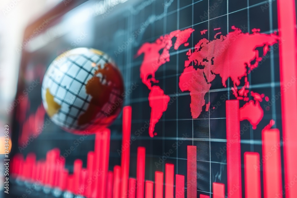 Poster a globe floats above a digital world map with red data graphs, symbolizing global finance, trends, a