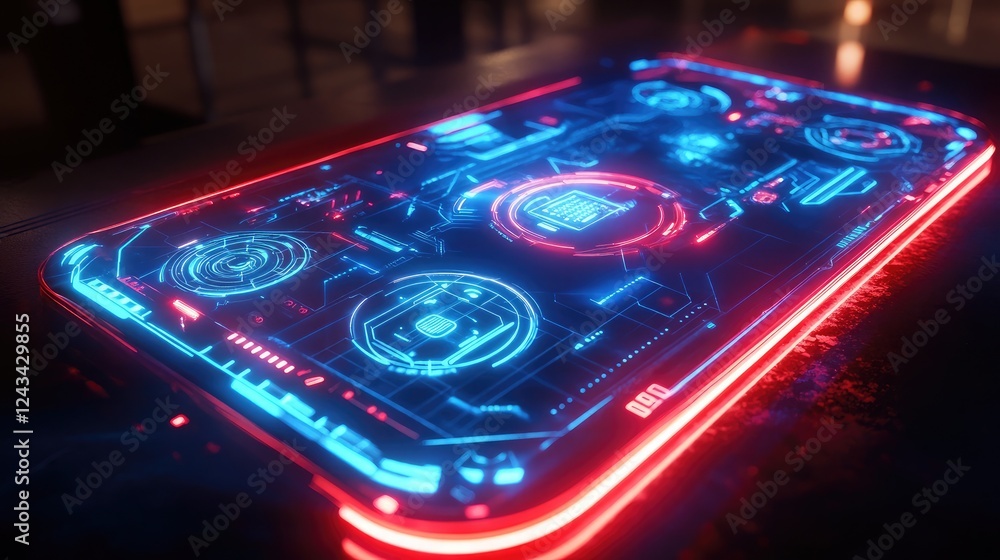 Poster a glowing touchscreen surface with various futuristic interface designs projected on it