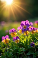 Purple and yellow nemesia flowers illuminated by the sun on a lush green ground, flowers, purple, yellow