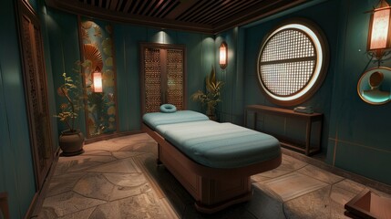 Oriental style spa interior with soft lighting and cosy atmosphere, suitable for advertising spa services, interior design or relaxation blogs.
