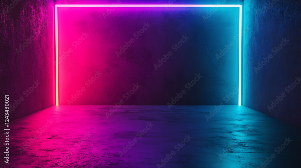 Poster futuristic neon glow room with vibrant gradient lighting and reflective floor featuring bold pink an