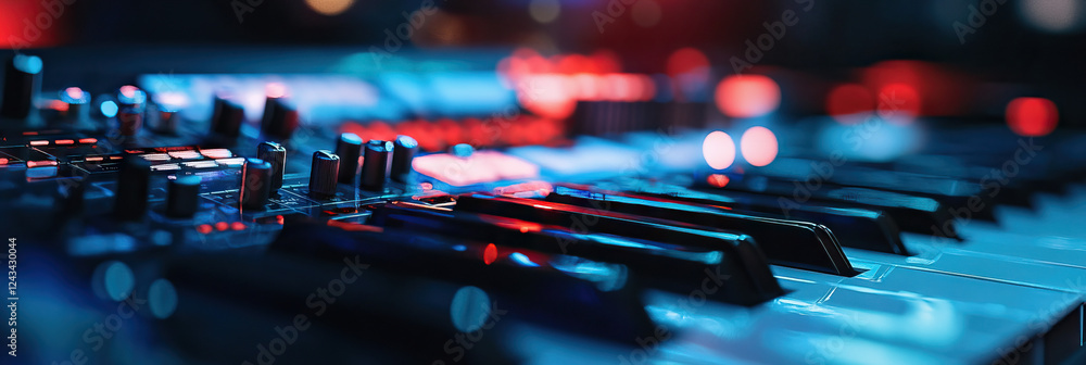 Poster synthesizer keyboard with control knobs and keys