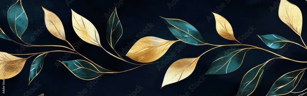 Poster Glossy metallic gold branches and leaves create an elegant pattern on a dark background