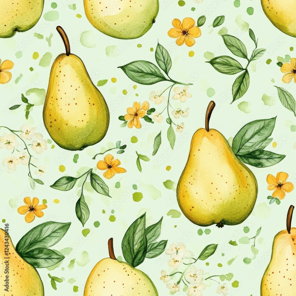 Poster whimsical watercolor doodles of pears and flowers on a soft green background create a playful and vi