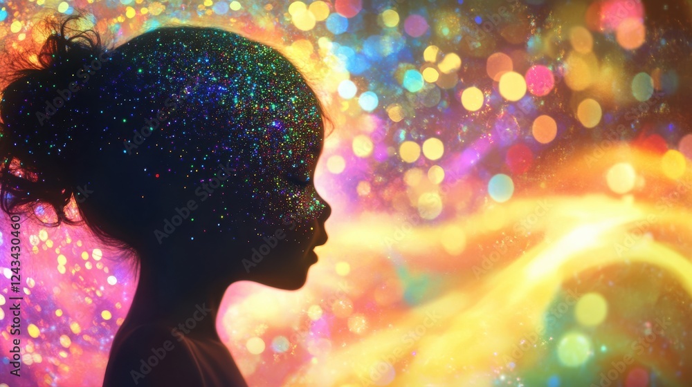 Aufkleber Silhouette of a child with vibrant cosmic patterns and colorful bokeh effects captured during twilight hours