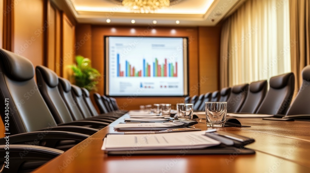 Aufkleber high-tech boardroom with a large presentation screen displaying financial charts and strategy plans.