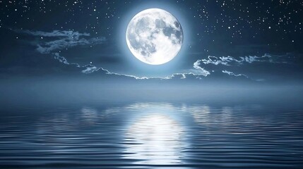 Full moon over calm ocean at night